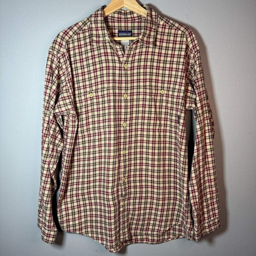 Patagonia Organic Cotton Plaid Button Shirt Mens M Maroon Tan Plaid Vintage